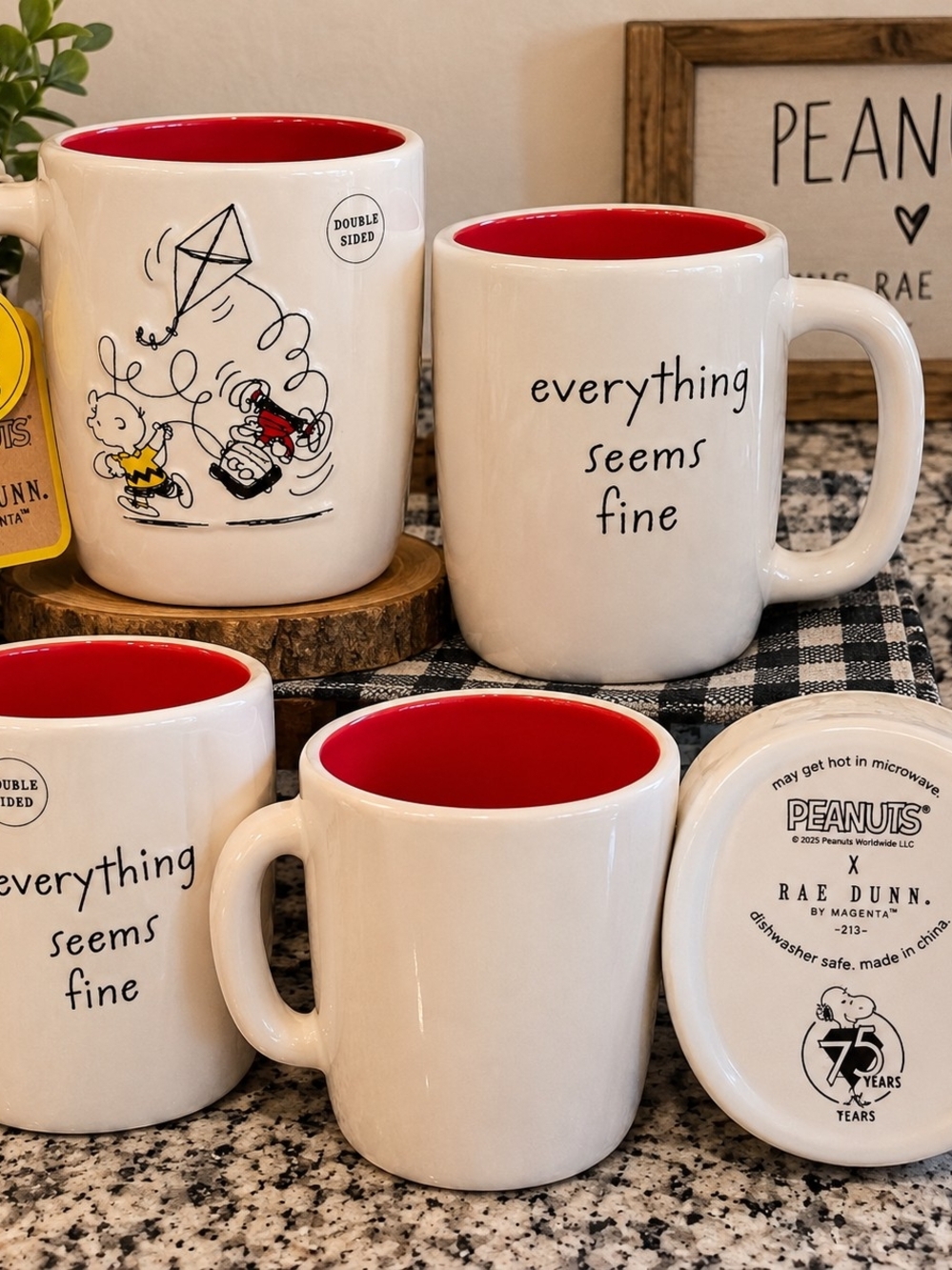 Rae Dunn White Ceramic Mugs with Red Interior - Peanuts "everything seems fine"